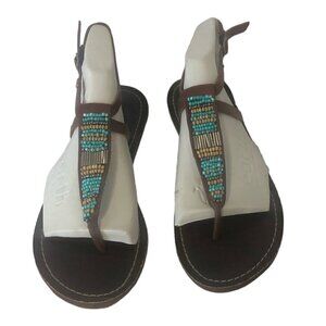 ROXY T-Strap  Sandals Women's Size US7/7.5 Brown Multicolor Beading Leather